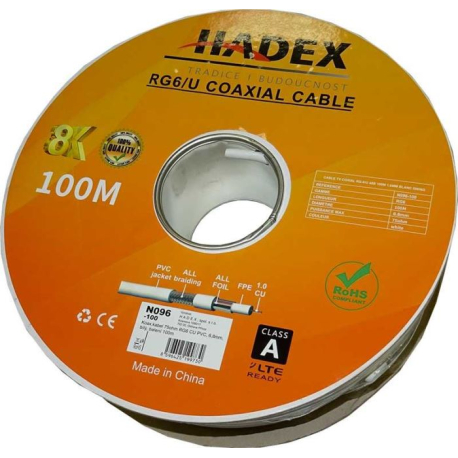 Koax.kabel 75ohm RG6 CU, 6,8mm,1mm+PE+72x0,1+Al+PVC,balení 100m