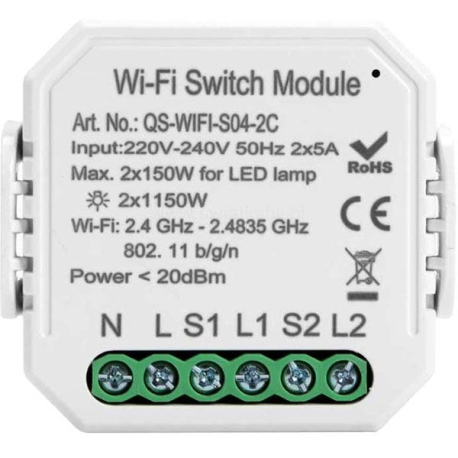 Dálkově ovládaný vypínač TUYA QS-WIFI-S04-2C dvoukanálový