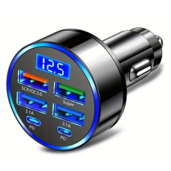 Autoadaptér USB 12V/5V s voltmetrem, 4x USB A+2x USB-C